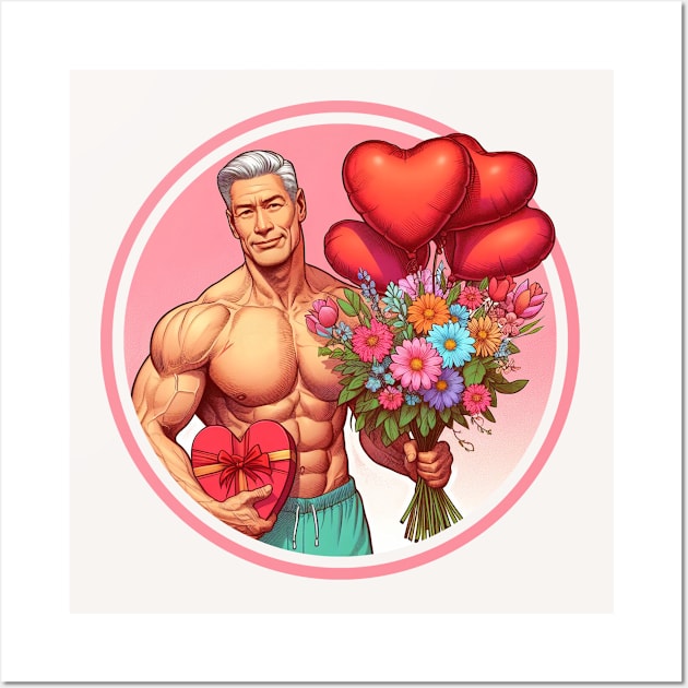 Flowers, chocolates, balloons of a muscular man Wall Art by muscle